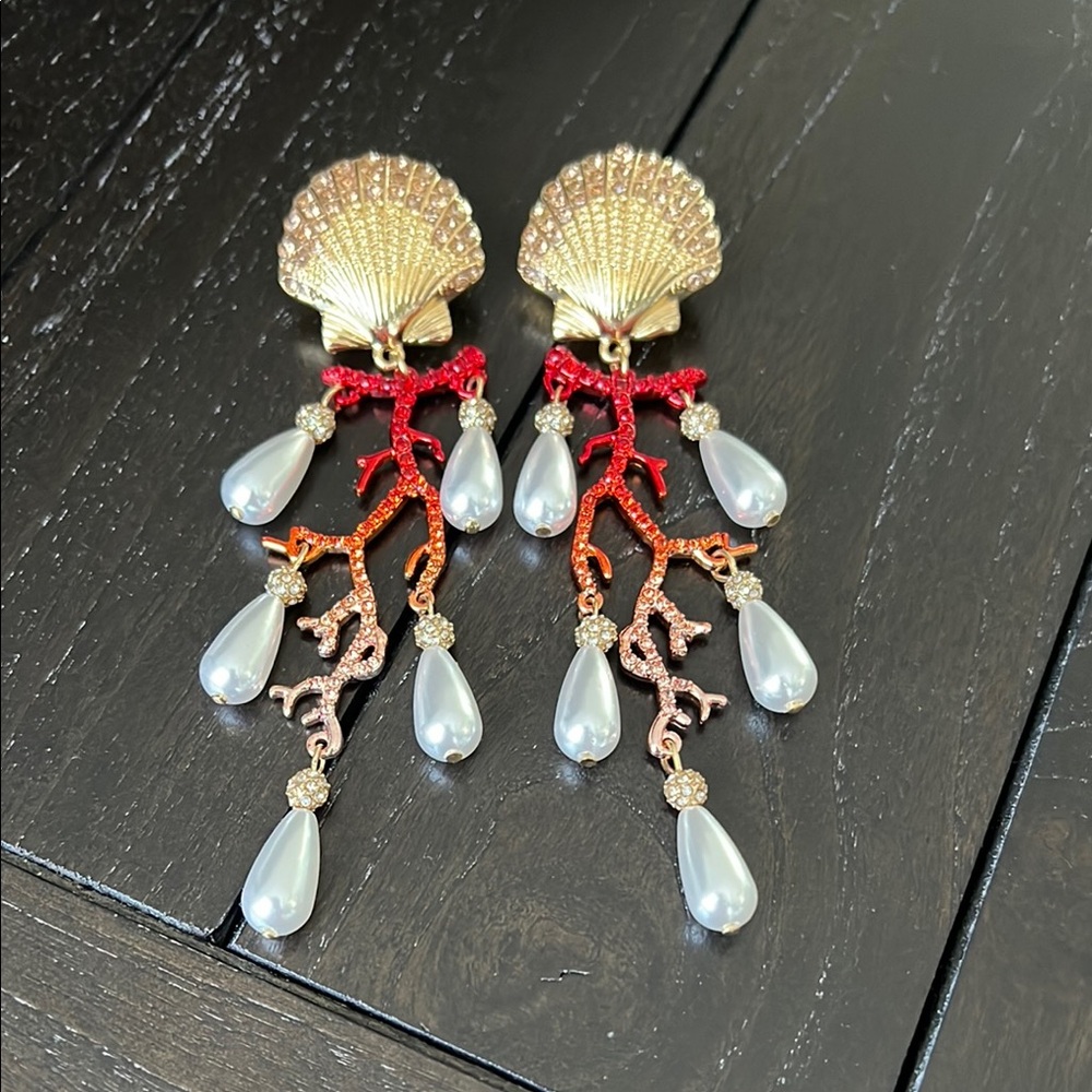Betsey Johnson Gold and Red Shell Drop Earrings